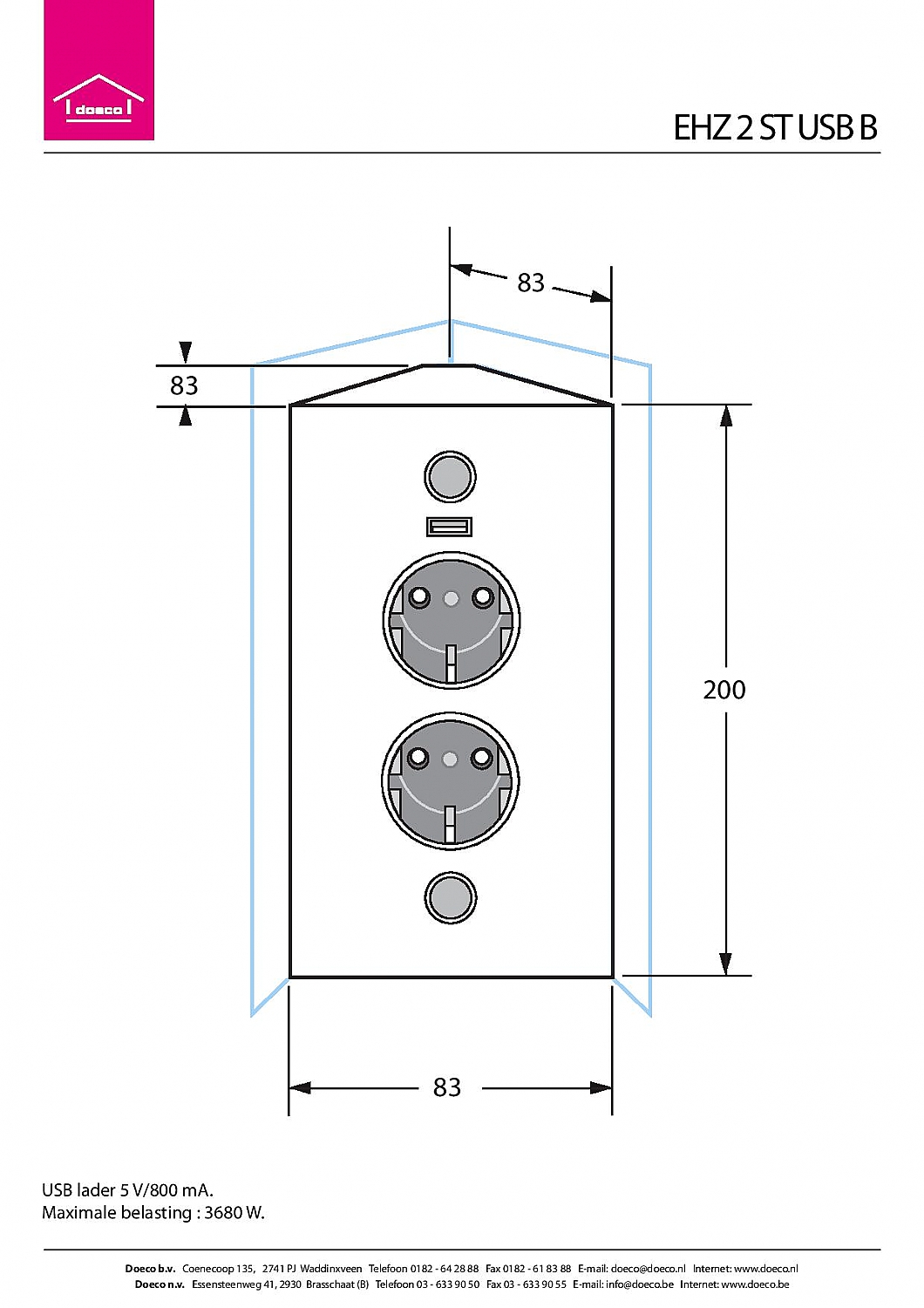 Stopcontact hoekzuil + 2 contactdozen en USB lader RVS Belgische aarding