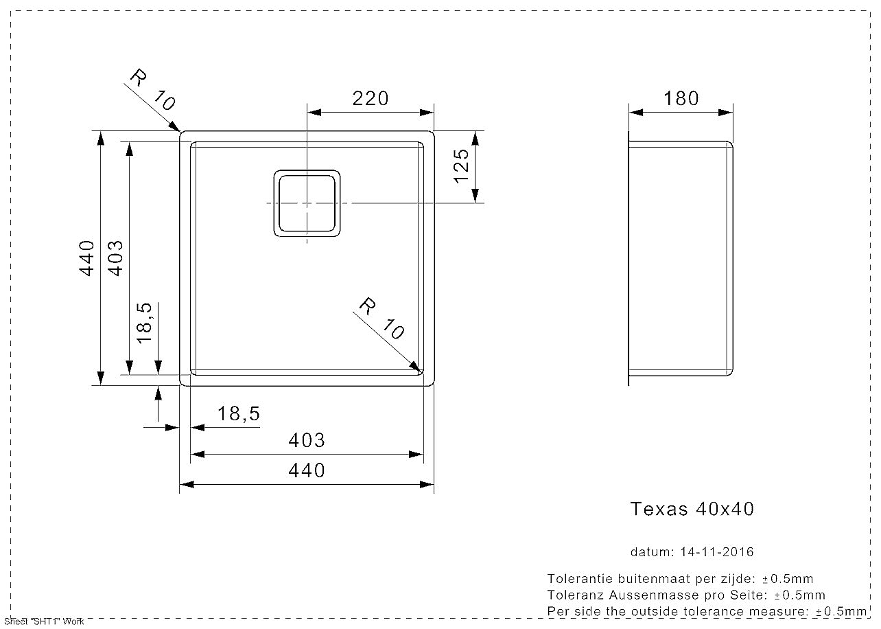 Reginox Texas spoelbak 40x40 (L) R10 vlakbouw RVS R28025