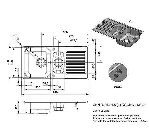 Reginox Centurio 1.5 Vlakbouw KGOKG