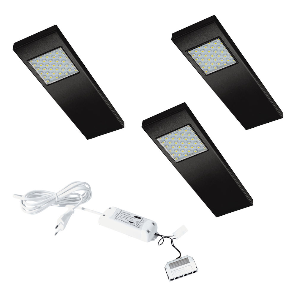 Dotty LED set van 3 langwerpige spots schakelaar onderbouw 12V/15W zwart » LED » Verlichting » Keukenspeciaal.nl